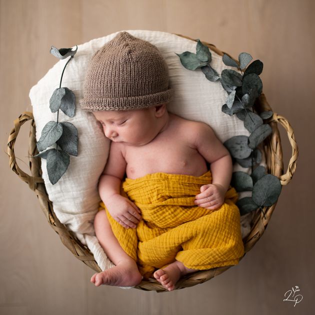 Portrait bébé original, accessoirisé, bébé dans panier, fleurs séchées, Thann, Haut-Rhin, Alsace